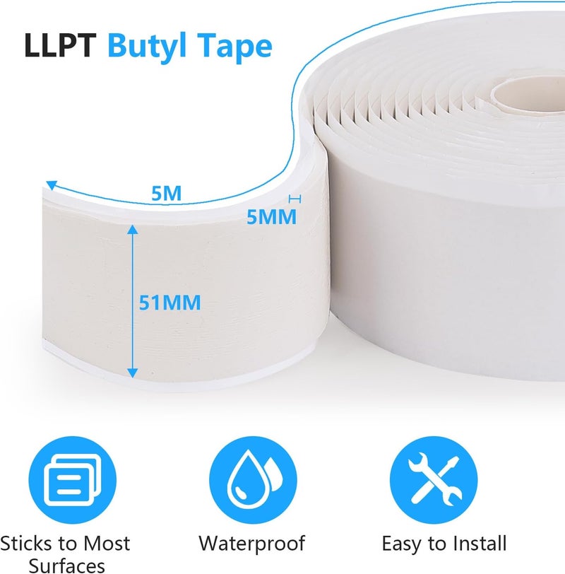 LLPT Butyl Tape White 2 Inch x 16.5 Feet 5mm Thickness Water Tight Seal for Leak Proof EPDM RV Repair Window Glass Boat Sealing Roof Pipe Patching(WST5105) - Image 2